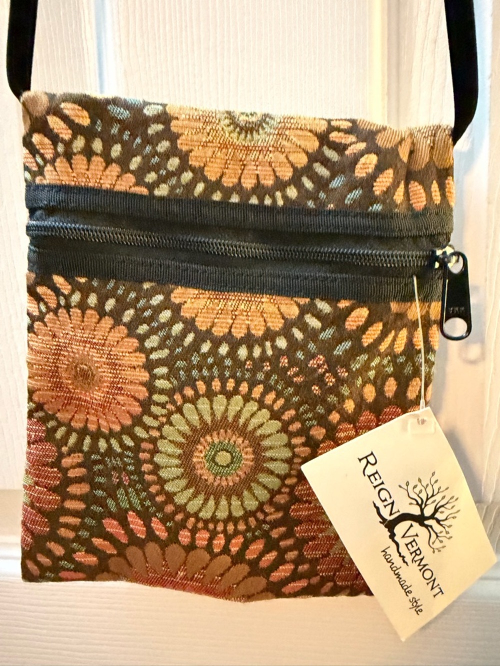 Vermont Handmade Floral Crossbody Bag in Brown and Green